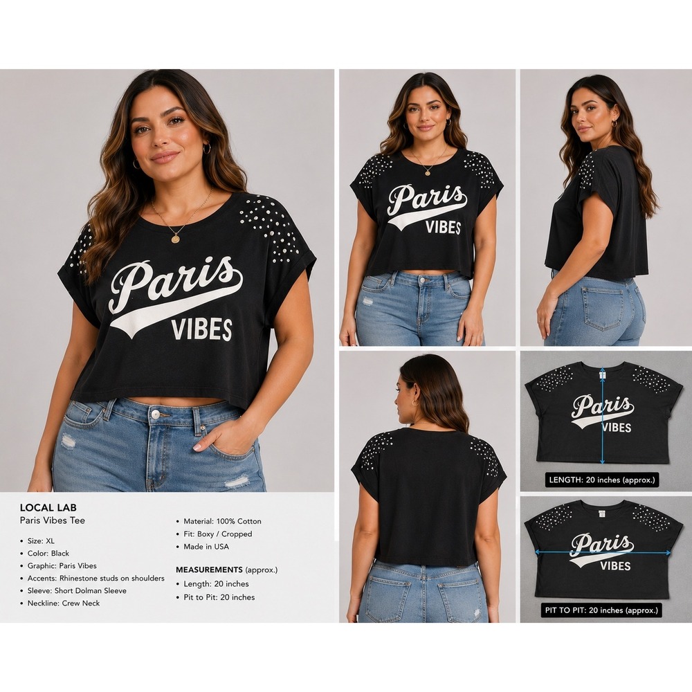 Local Lab Paris Vibes Graphic Tee Black‎ Cropped Rhinestone Studded XL NEW
